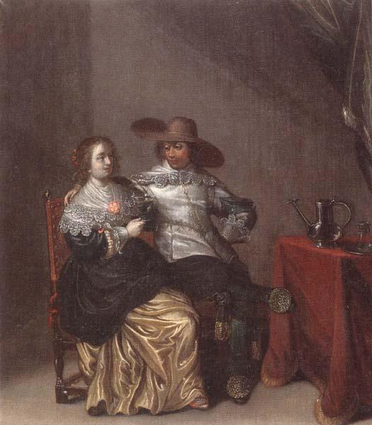 Laurentius de Neter An interior with a soldier makng advances to a lady,deside a table draped with a red cloth,with a pewther jug and an upturned roemer on a pewter dish oil painting picture
